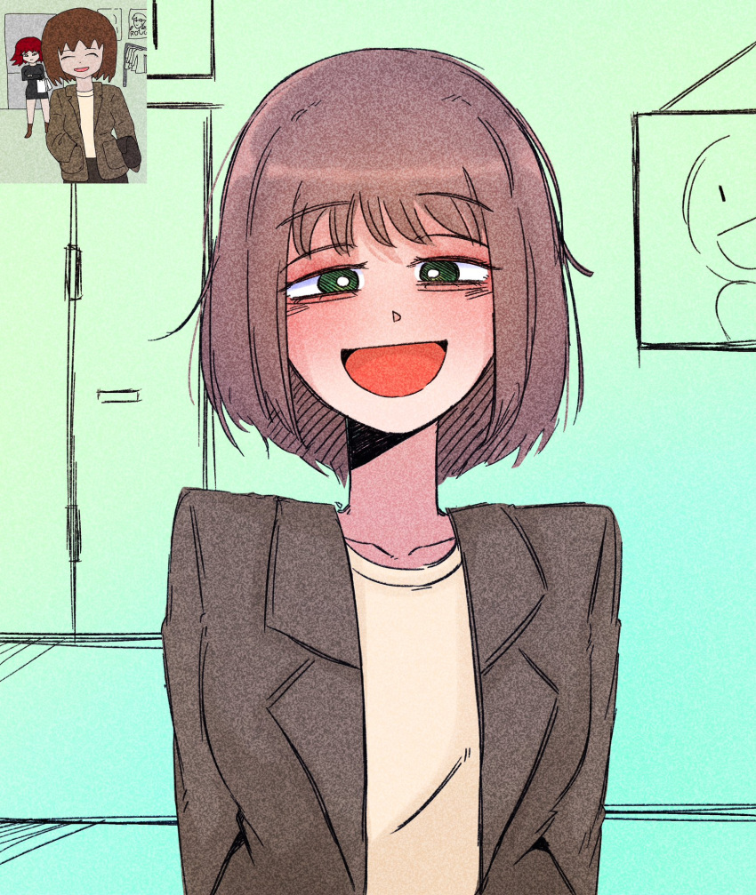 1girl, :d, borrowed_character, brown_hair, brown_jacket, crumblestodust, green_eyes, highres, history_teacher_(lowgradef), jacket, looking_at_viewer, math_teacher_(lowgradef), open_mouth, original, reference_inset, shirt, short_hair, simple_background, smile, solo_focus, upper_body, white_shirt