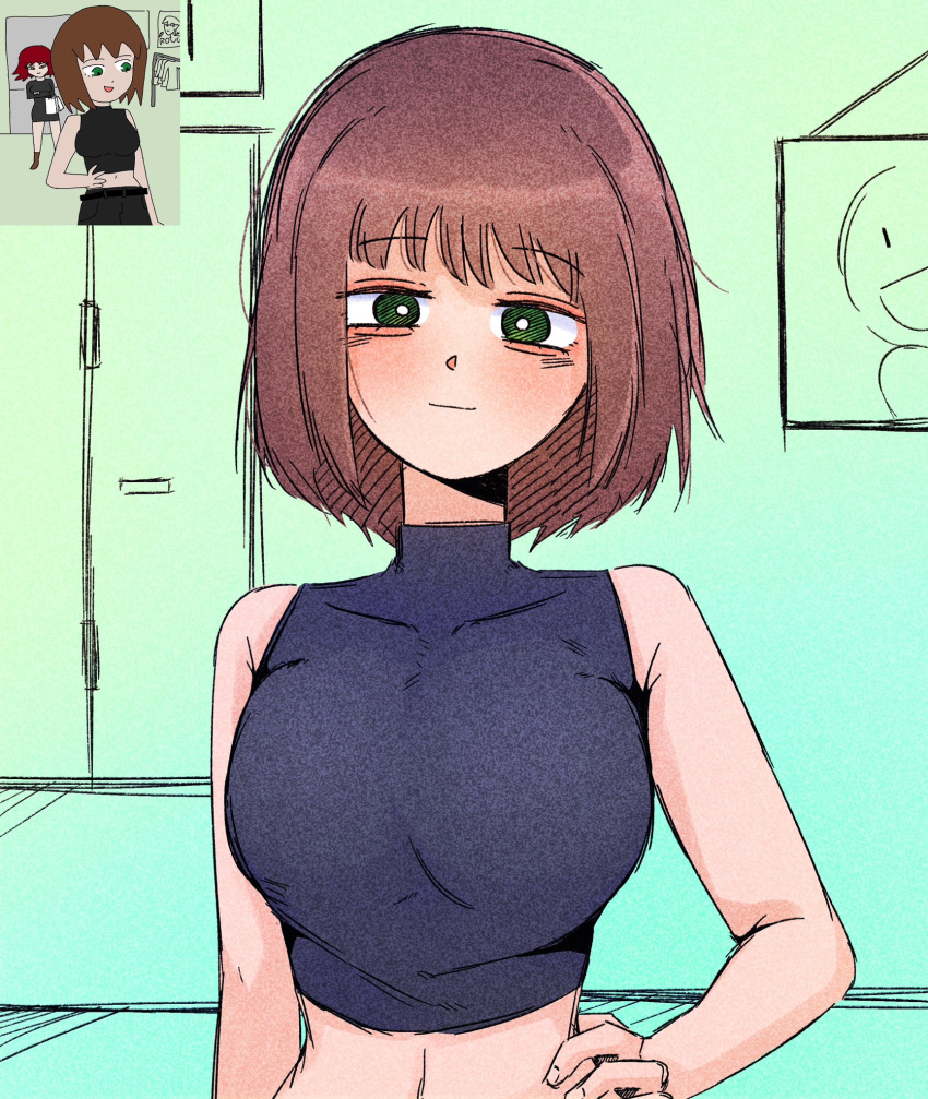 1girl, borrowed_character, breasts, brown_hair, closed_mouth, crop_top, crumblestodust, green_eyes, grey_shirt, highres, history_teacher_(lowgradef), large_breasts, looking_at_viewer, math_teacher_(lowgradef), original, reference_inset, shirt, short_hair, simple_background, sleeveless, sleeveless_shirt, smile, solo_focus, upper_body
