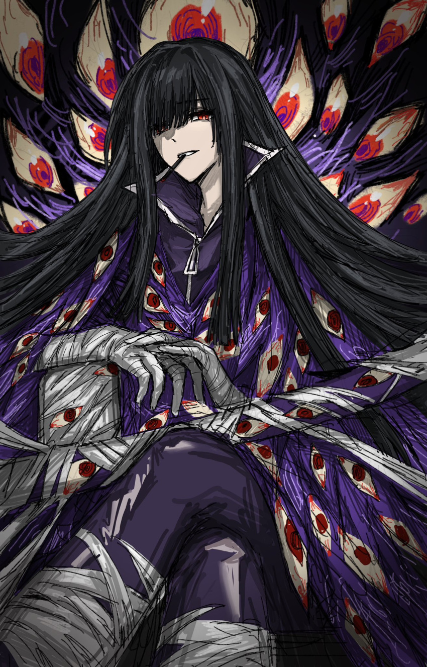 1girl, ashi_(dongshi389), bandaged_arm, bandaged_hand, bandages, bandages_over_clothes, black_hair, cigarette, coat, extra_eyes, glowing, glowing_eyes, highres, katana, limbus_company, monster_girl, mutation, project_moon, purple_coat, red_eyes, ryoshu_(project_moon), sheath, sheathed, solo, sword, weapon