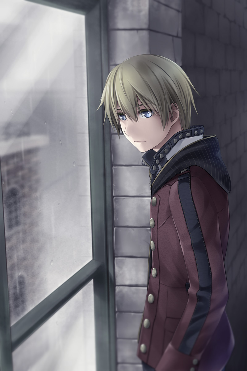 1boy, arms_at_sides, blonde_hair, blue_eyes, botamochi_usagi, buttons, closed_mouth, commentary_request, end_of_eternity, expressionless, from_side, hair_between_eyes, highres, hood, hooded_jacket, jacket, looking_at_viewer, male_focus, muted_color, red_jacket, short_hair, solo, stone_wall, upper_body, window, zephyr_(end_of_eternity)