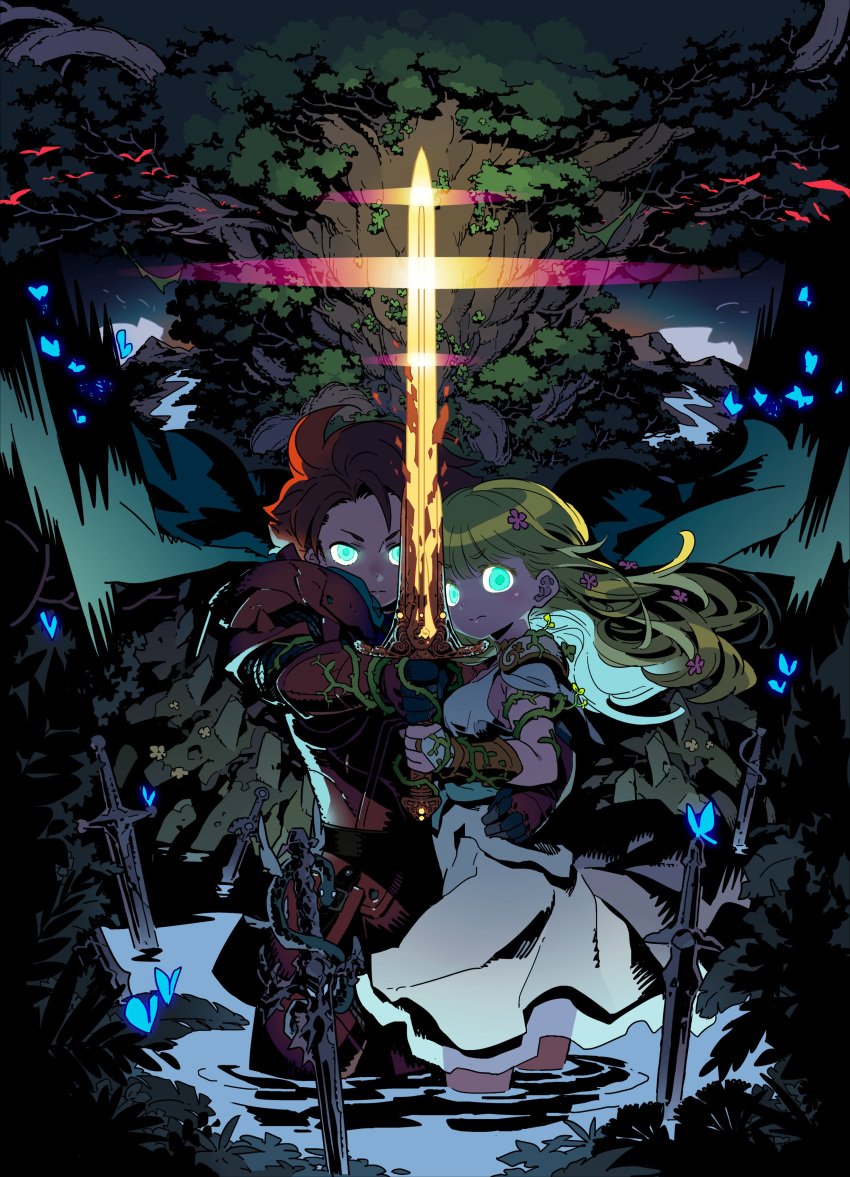 1boy, 1girl, absurdres, aqua_eyes, arm_around_waist, armor, bird, blonde_hair