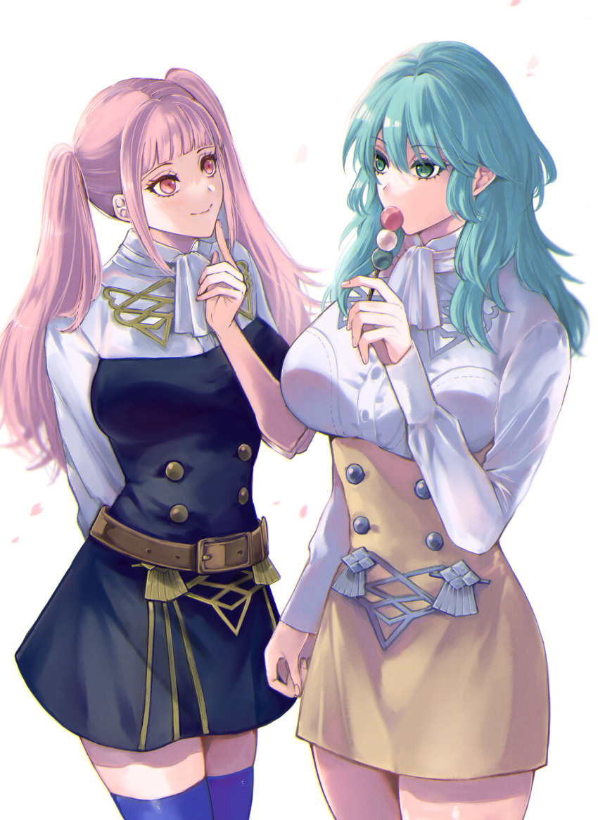2girls, arm_behind_back, ascot, belt, blue_thighhighs, breasts, brown_belt, brown_skirt, buttons, byleth_(female)_(fire_emblem), byleth_(fire_emblem), closed_mouth, dango, enlightened_byleth_(female), fire_emblem, fire_emblem:_three_houses, food, garreg_mach_monastery_uniform, green_eyes, grey_hair, high-waist_skirt, highres, hilda_valentine_goneril, holding, holding_food, large_breasts, long_hair, looking_at_another, mokichi_xx, multiple_girls, simple_background, skirt, smile, thigh-highs, twintails, uniform, wagashi, white_ascot, white_background
