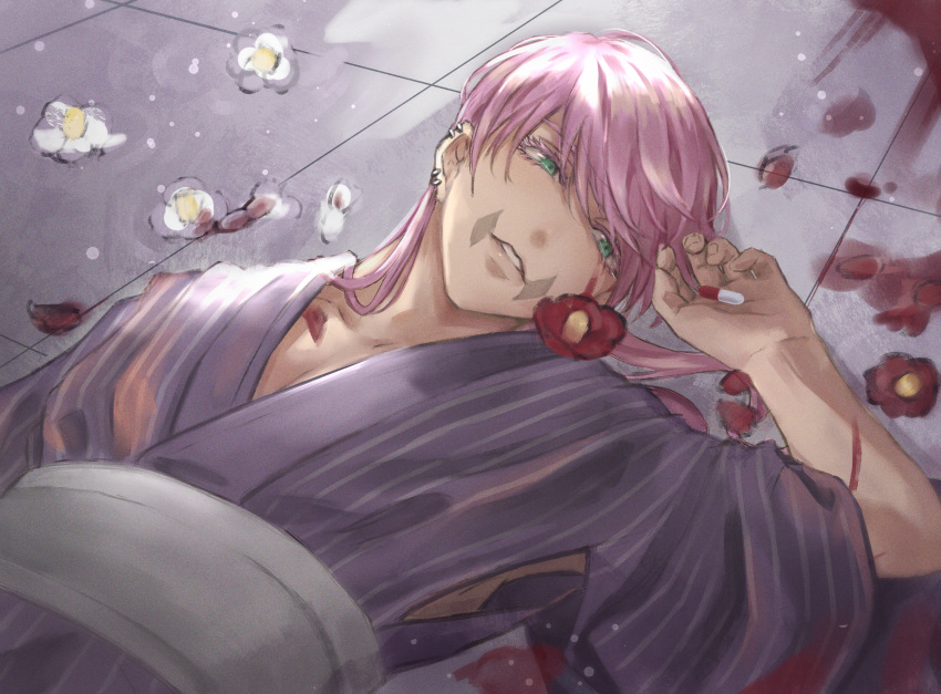 1boy, aqua_eyes, blood_on_ground, camellia, ciao3030, dutch_angle, ear_piercing, eyelashes