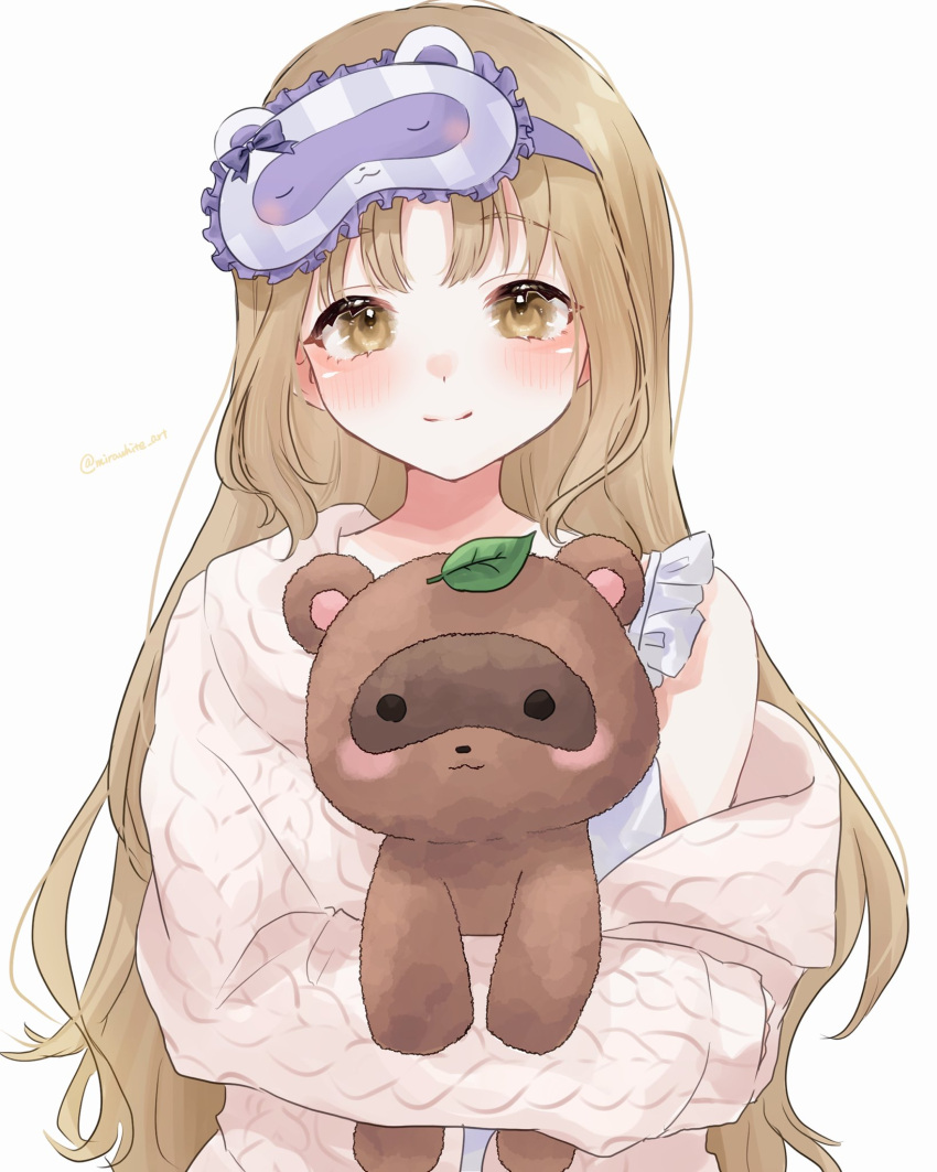 1girl, babydoll, blush, brown_eyes, cable_knit, cardigan, choppy_bangs, closed_mouth, commentary_request, frilled_babydoll, highres, hugging_doll, hugging_object, light_brown_hair, long_hair, looking_at_viewer, mask, mask_on_head, mirawhite, nijisanji, official_alternate_costume, pink_cardigan, simple_background, sister_claire, sister_claire_(7th_costume), sleep_mask, sleepwear, smile, solo, stuffed_animal, stuffed_tanuki, stuffed_toy, twitter_username, upper_body, virtual_youtuber, white_background