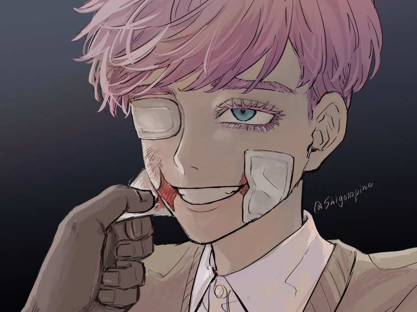 2boys, absurdres, aqua_eyes, bifurcated_jaw, collared_shirt, colored_eyelashes, eyelashes, eyepatch