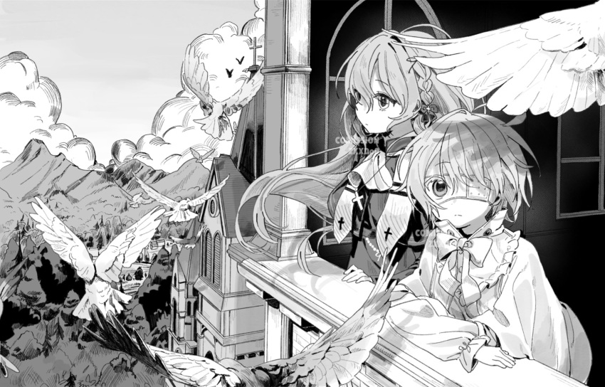 2girls, bird, braid, check_copyright, clouds, commission, copyright_request, cross