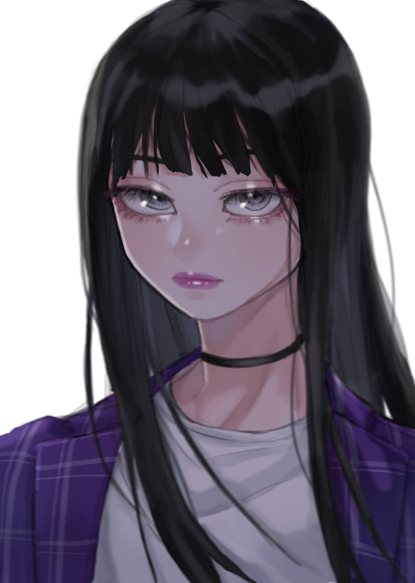 1girl, absurdres, black_hair, blunt_bangs, blush, breasts, chicken31, choker