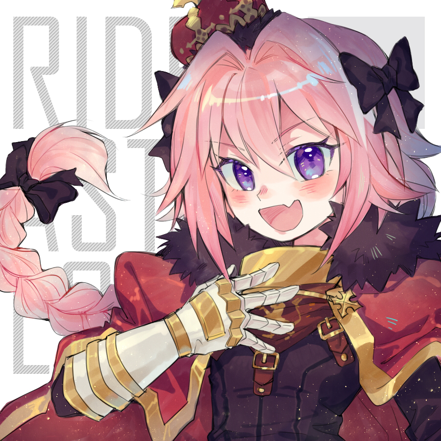1boy, :d, androgynous, astolfo_(fate), blush, bow, braid, brown_neckerchief