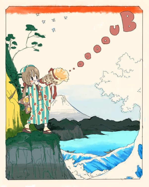 1girl, bird, black_eyes, blue_bow, blue_kimono, blush_stickers, boat, border