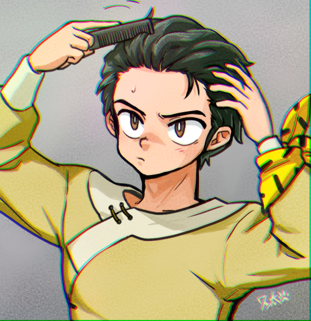 1boy, arms_up, bandana, bandana_around_arm, black_hair, brown_eyes, brushing_hair, comb