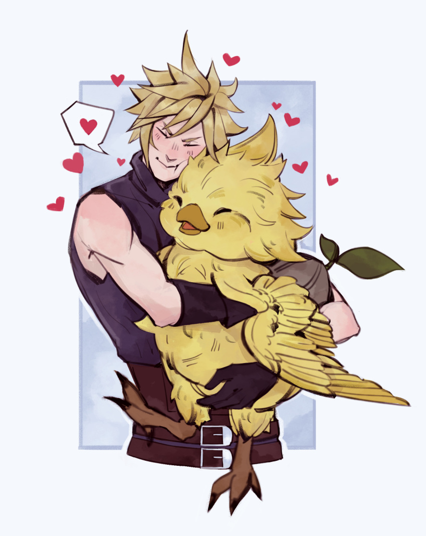 1boy, 1other, bare_shoulders, beak, belt, belt_buckle, bird, black_gloves, blonde_hair, blue_background, blue_shirt, blush, brown_belt, buckle, chick, chocobo, closed_eyes, cloud_strife, cropped_torso, feathers, final_fantasy, final_fantasy_vii, final_fantasy_vii_rebirth, final_fantasy_vii_remake, gloves, heart, highres, hug, male_focus, multiple_belts, robasarel, shirt, short_hair, sleeveless, sleeveless_turtleneck, smile, spiky_hair, spoken_heart, turtleneck, upper_body, yellow_feathers