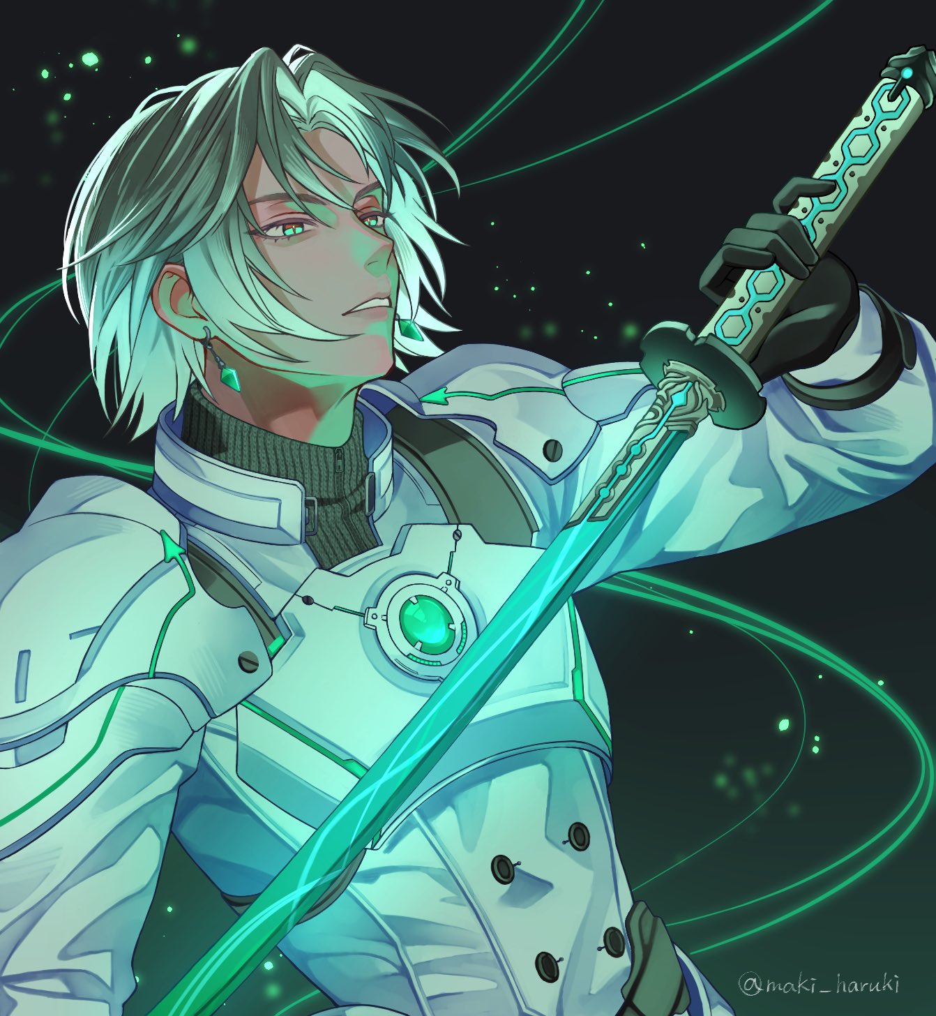 1boy, aqua_eyes, armor, black_gloves, chest_jewel, dangle_earrings, earrings, final_fantasy