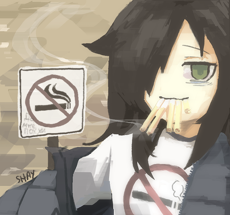 brown_background, cigarette, green_eyes, grey_jacket, jacket, kuroki_tomoko, li_shay, one_eye_covered