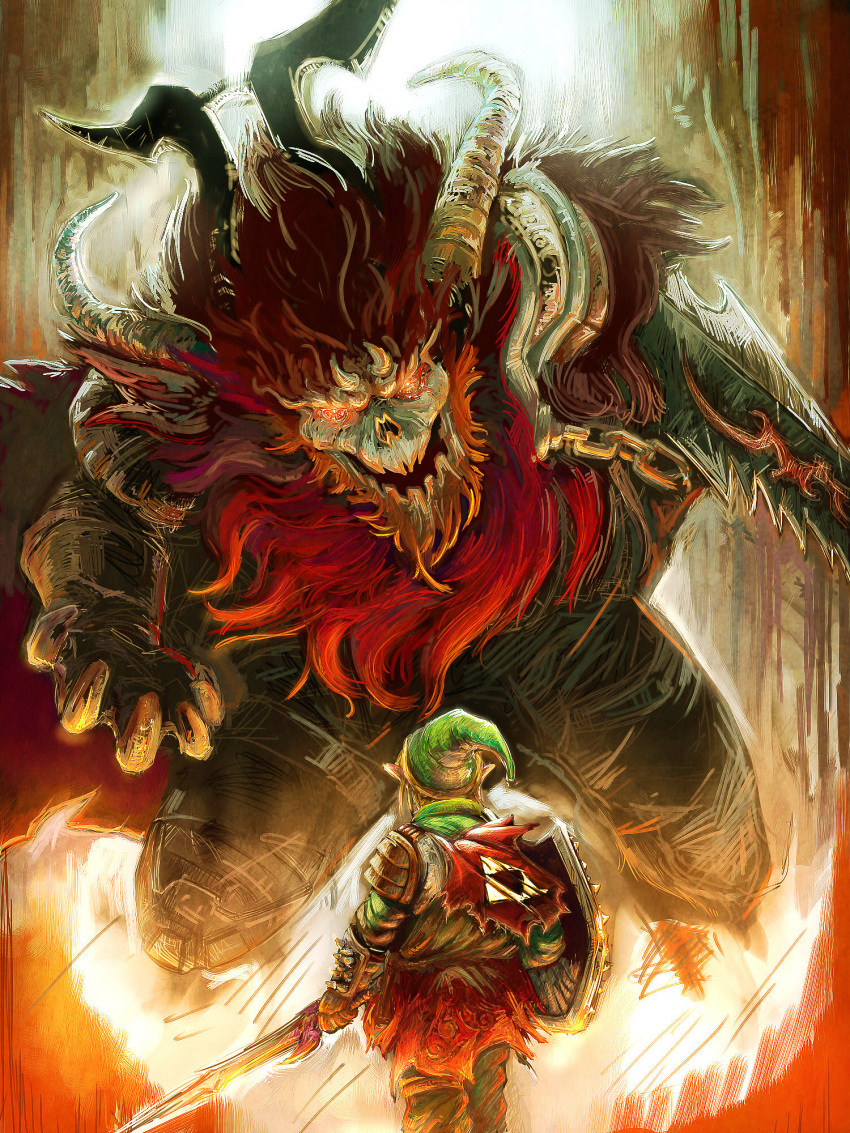 david_hsu_yen, ganon, ganondorf, gloves, god_of_war, highres, horns, link, master_sword, parody, pointy_ears, red_eyes, red_hair, shield, size_difference, sword, the_legend_of_zelda, triforce, weapon