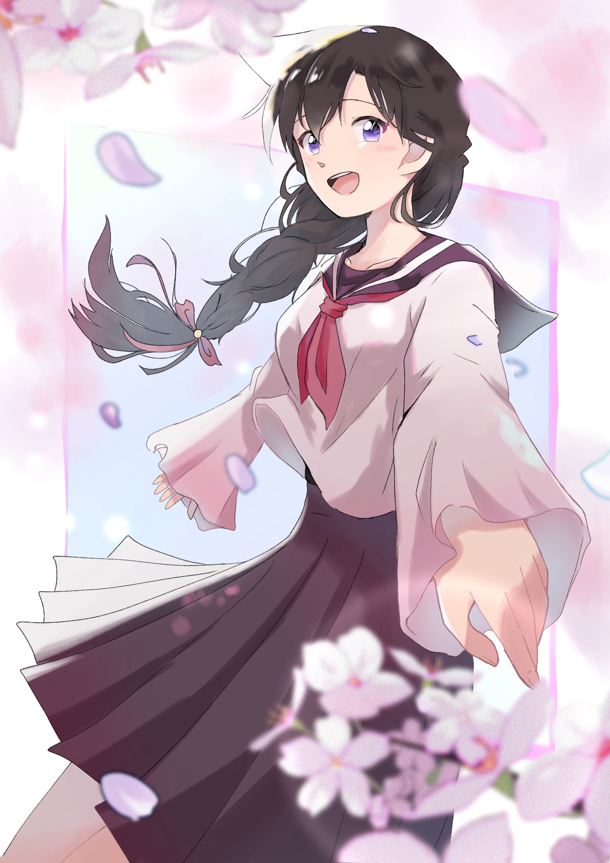1girl, black_hair, black_skirt, blush, braid, braided_ponytail, cherry_blossoms, commentary