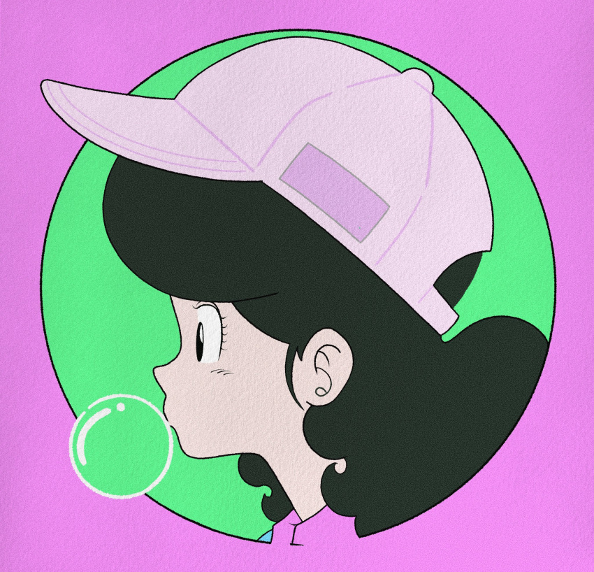 1girl, baseball_cap, black_eyes, black_hair, chewing_gum, circle, dragon_ball, dragon_ball_(classic), hat, highres, lunch_(dragon_ball), procreate_(medium), solo, wesatinthecar