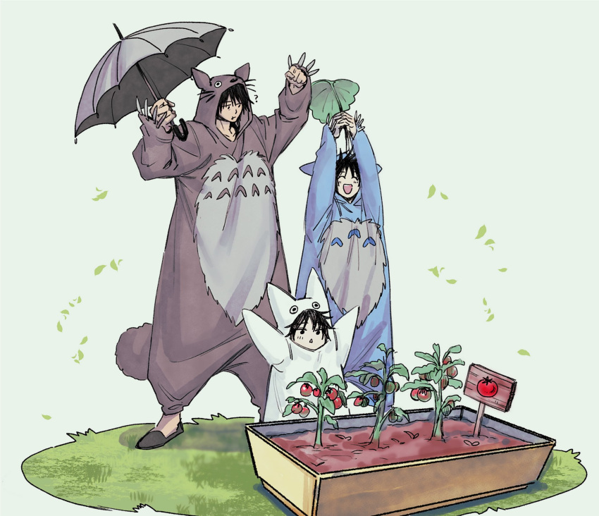 1girl, 2boys, ?, ^_^, aged_down, arms_up, black_hair, child