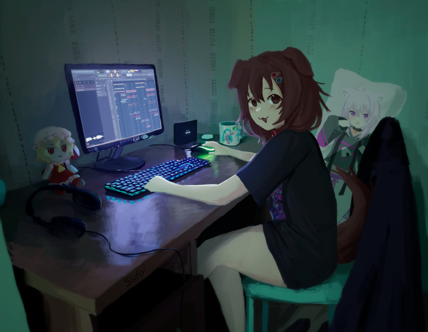 black_shirt, chair, computer, cup, dakimakura_(medium), fl_studio, fumo_(doll), highres