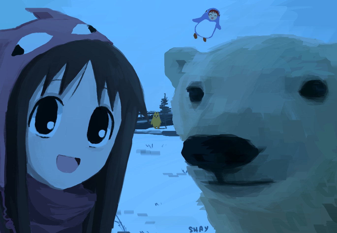 animal_costume, azumanga_daioh, bear, flying, grey_sky, hat, kasuga_ayumu, li_shay