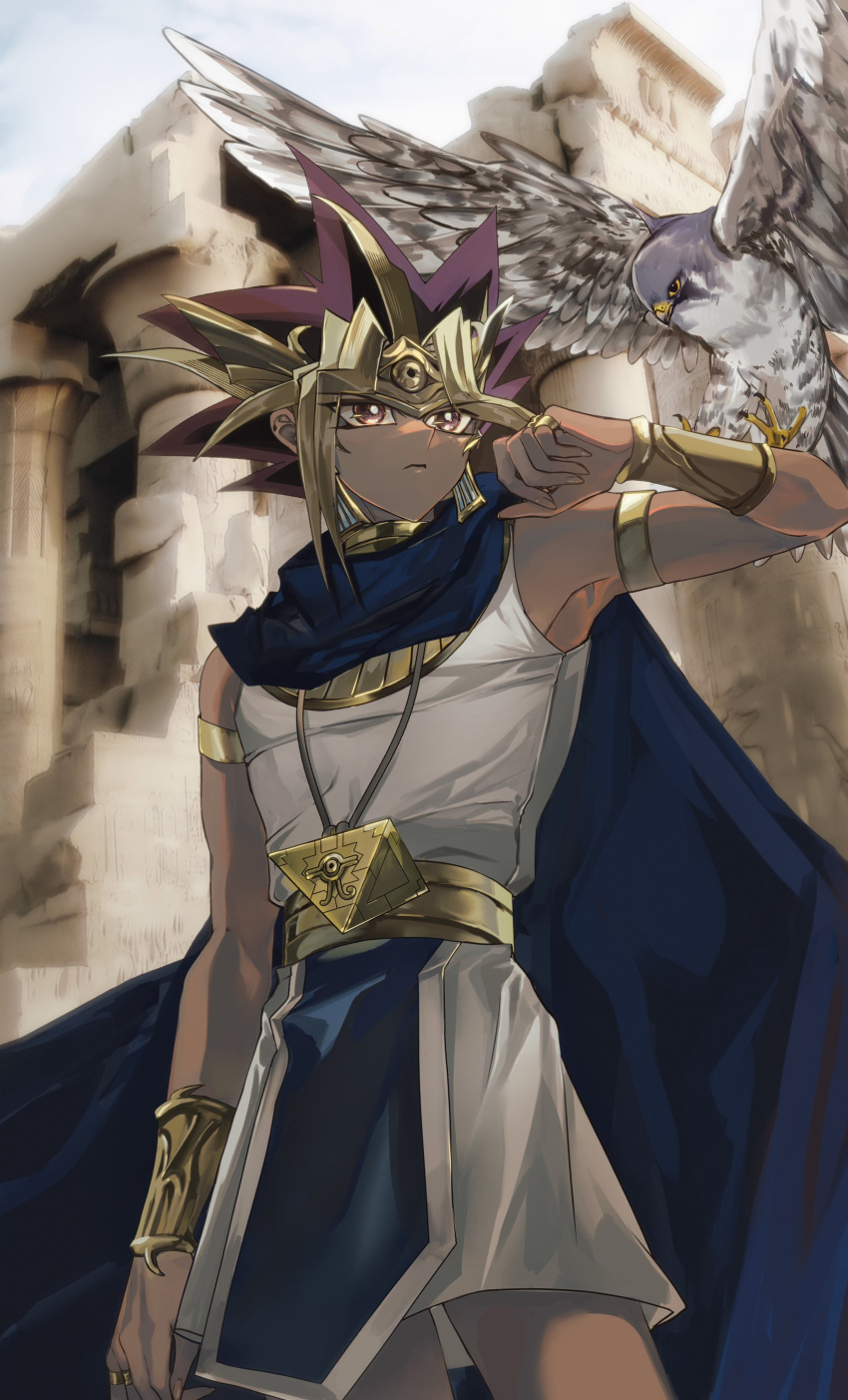1boy, absurdres, atem, beak, bird, black_hair, blonde_hair, blurry