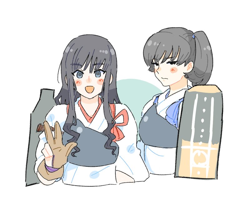 2girls, akagi_(kancolle), akagi_(kancolle)_(cosplay), amagami, black_eyes, black_hair, blush, blush_stickers, brown_gloves, closed_mouth, cosplay, cropped_torso, gloves, half-closed_eyes, hand_up, japanese_clothes, jibakurei_(elite_unchi), kaga_(kancolle), kaga_(kancolle)_(cosplay), kantai_collection, kimono, long_hair, look-alike, looking_at_viewer, morishima_haruka, multiple_girls, muneate, open_mouth, partially_fingerless_gloves, rigging, ringlets, short_sleeves, side_ponytail, smile, tasuki, tsukahara_hibiki, upper_body, w, white_background, white_kimono, yugake