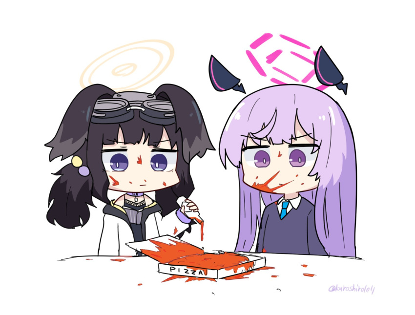 2girls, animal_ears, black_hair, blue_archive, blue_necktie, closed_mouth, collared_shirt, dog_ears