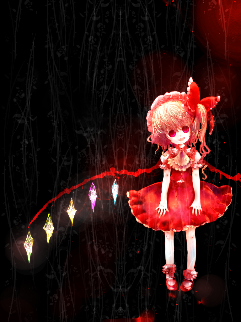 1girl, ascot, black_background, blonde_hair, bobby_socks, bow, crystal, dark_background