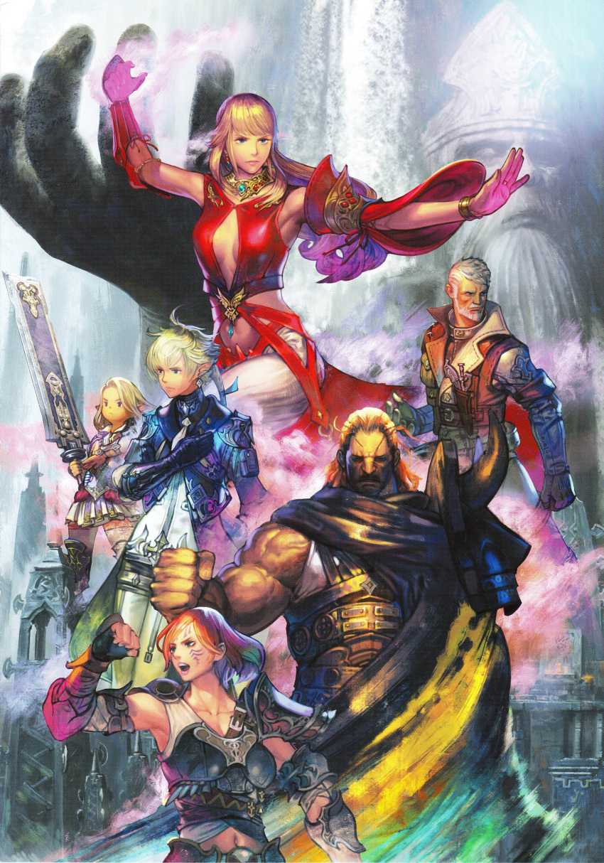 2girls, 4boys, absurdres, alphinaud_leveilleur, armor, artist_request, beard, black_cape, black_gloves, black_hair, blonde_hair, blue_coat, blue_eyes, boobplate, bracelet, brown_jacket, cape, cleavage_cutout, clenched_hand, clothing_cutout, coat, collarbone, conrad_kemp, crop_top, detached_sleeves, elbow_gloves, elezen, elf, facial_hair, facial_tattoo, fighting_stance, final_fantasy, final_fantasy_xiv, fingerless_gloves, fordola_rem_lupis, gloves, greatsword, green_eyes, hair_ribbon, hand_on_own_chest, highres, holding, holding_sword, holding_weapon, hyur, jacket, jewelry, lalafell, lyse_hext, multiple_boys, multiple_girls, navel, navel_peek, neck_ring, official_art, open_mouth, orange_hair, outstretched_arms, pants, pauldrons, pipin_tarupin, pointy_ears, ponytail, raubahn_aldynn, red_shirt, ribbon, ring, scan, shirt, short_hair, shoulder_armor, sleeveless, sleeveless_shirt, standing, statue, sword, tattoo, third-party_source, weapon, white_hair, white_pants