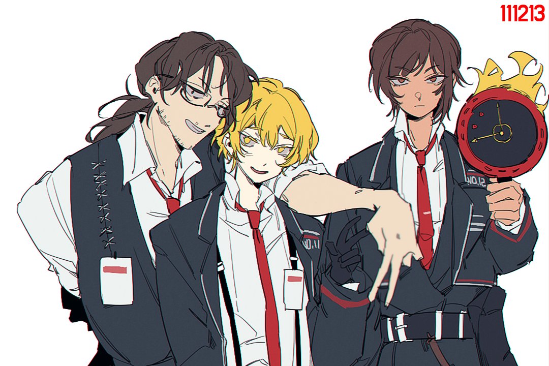 1girl, 2boys, black_gloves, blonde_hair, brown_eyes, brown_hair, closed_mouth, collared_shirt