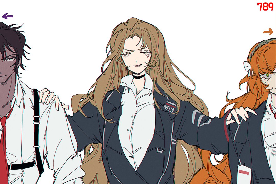 1boy, 2girls, black_vest, bow, brown_hair, collared_shirt, dark-skinned_male, dark_skin