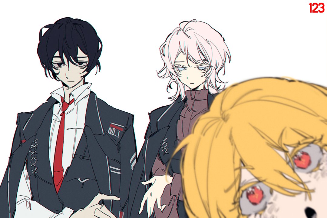 1boy, 2girls, black_coat, black_eyes, black_hair, black_vest, blonde_hair, closed_mouth