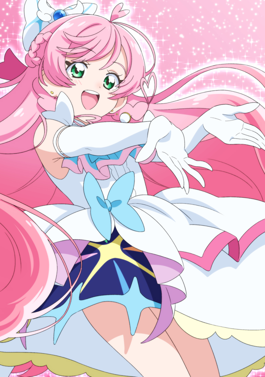 1girl, ascot, bow, braided_sidelock, cowboy_shot, cure_prism, dokushibuki, dress, earrings, elbow_gloves, glove_bow, gloves, gradient_background, green_eyes, hair_bow, highres, hirogaru_sky!_precure, jewelry, long_hair, looking_at_viewer, magical_girl, medium_dress, nijigaoka_mashiro, open_mouth, pink_background, pink_hair, precure, smile, solo, very_long_hair, white_ascot, white_bow, white_dress, white_gloves, wing_hair_ornament