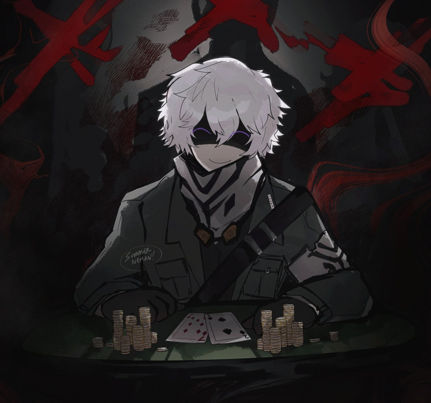 1boy, black_gloves, closed_eyes, closed_mouth, coin, gloves, goggles, goggles_around_neck, green_jacket, highres, jacket, limbus_company, male_focus, project_moon, scarf, seven_of_diamonds, shaded_face, sitting, solo, sonya_(project_moon), summernehan, table, two_of_spades, violet_eyes, white_hair, white_scarf