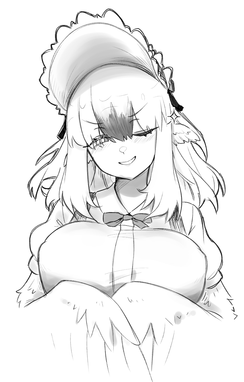 1girl, black_souls, blush, bonnet, bow, bowtie, breasts, collared_shirt, dodo_(black_souls), feathered_wings, greyscale, grin, harpy, head_wings, highres, large_breasts, long_hair, looking_at_viewer, monochrome, monster_girl, one_eye_closed, shirt, sidelocks, smile, solo, sparkle, versopa, winged_arms, wings