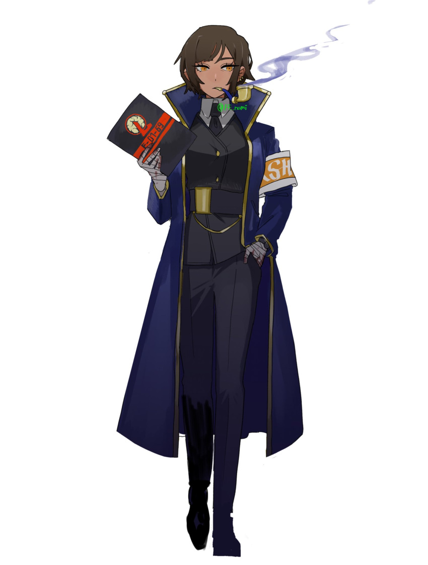 1girl, armband, bandaged_hand, bandages, belt, black_belt, black_necktie, black_pants, black_vest, blue_coat, blue_smoke, brown_hair, closed_mouth, coat, collared_shirt, e.g.o_(project_moon), ff_nami, full_body, highres, holding, holding_notebook, limbus_company, lobotomy_corporation, long_sleeves, necktie, notebook, orange_eyes, outis_(project_moon), pants, project_moon, shirt, short_hair, smoking, smoking_pipe, solo, vest, white_armband, white_shirt