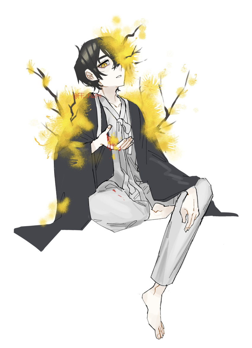 1boy, barefoot, black_coat, black_hair, branch, coat, e.g.o_(project_moon), ff_nami