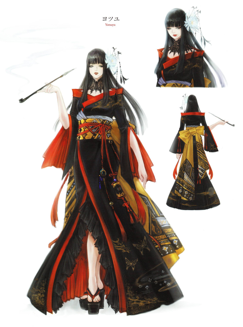 1girl, absurdres, animal_print, back_bow, bat_hair_ornament, black_collar, black_hair, black_kimono, blunt_bangs, bow, butterfly_print, character_name, collar, concept_art, cropped_torso, eyeliner, final_fantasy, final_fantasy_xiv, flower, frilled_kimono, frills, full_body, hair_flower, hair_ornament, hair_stick, highres, holding, holding_smoking_pipe, hyur, inrou, japanese_clothes, kimono, kiseru, lace_collar, long_hair, looking_at_viewer, makeup, mole, mole_under_mouth, multiple_views, namae_ayumi, obi, obiage, obijime, official_art, okobo, parted_lips, red_lips, red_trim, reference_sheet, sandals, sash, scan, sidelocks, simple_background, smoke, smoking_pipe, standing, straight_hair, third-party_source, toeless_footwear, two-sided_fabric, white_background, white_flower, wide_sleeves, yotsuyu_goe_brutus
