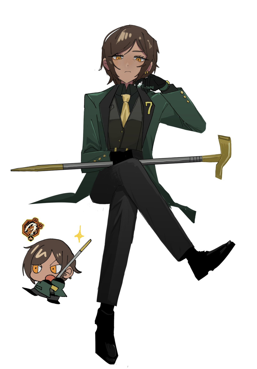 1girl, black_footwear, black_pants, brooch, brown_hair, cane, closed_mouth, concealed_weapon