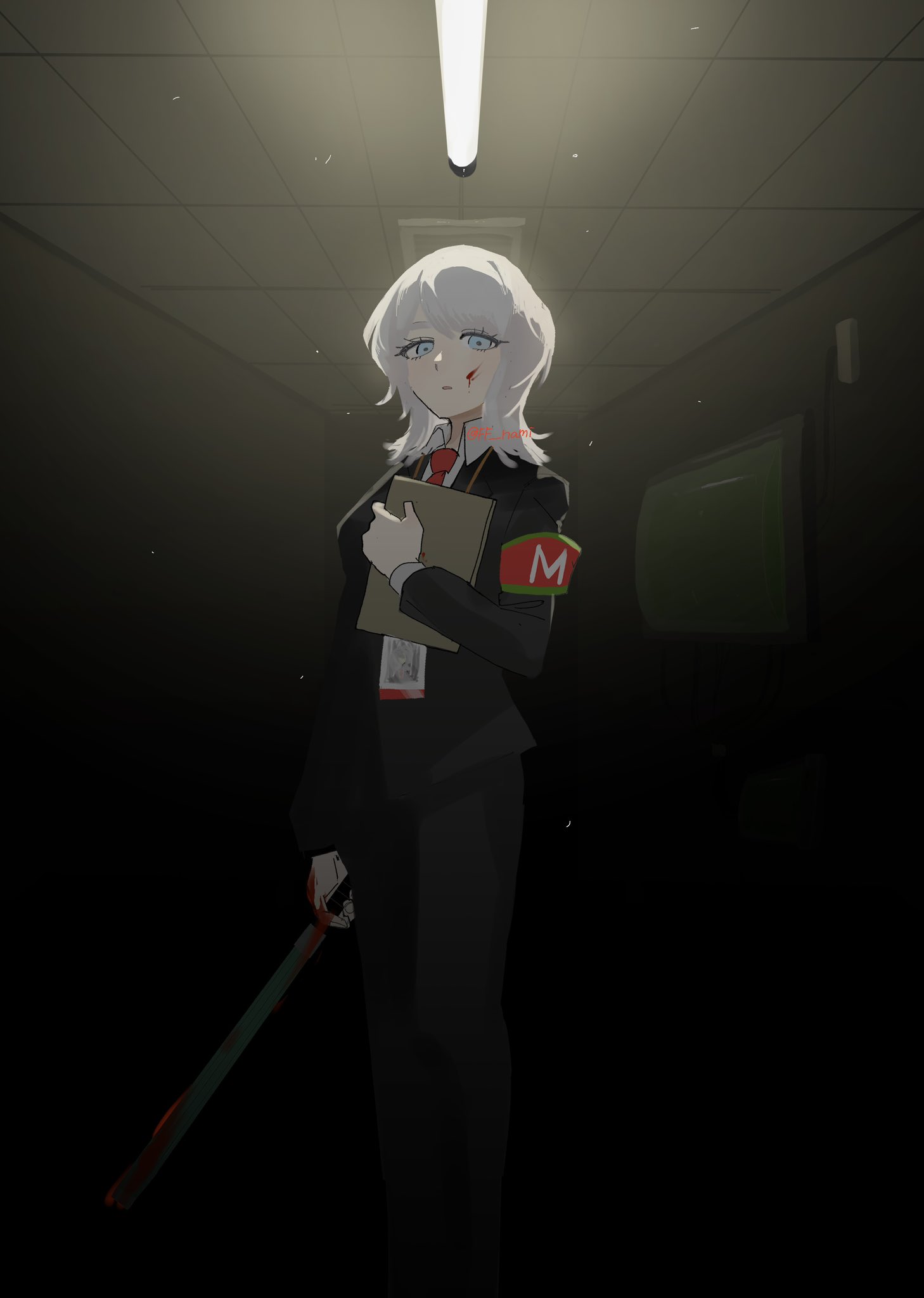 1girl, armband, black_jacket, black_pants, blood, blood_on_face, blue_eyes, ceiling