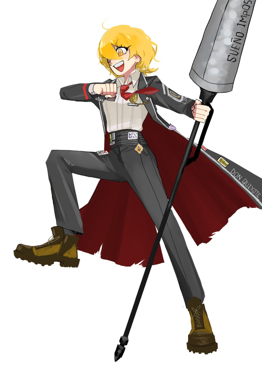 1girl, black_coat, black_pants, blonde_hair, boots, brown_footwear, coat, collared_shirt