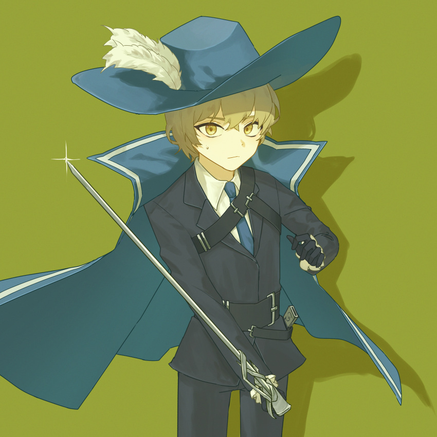 1boy, absurdres, belt, black_belt, black_gloves, black_jacket, black_pants, blue_cape