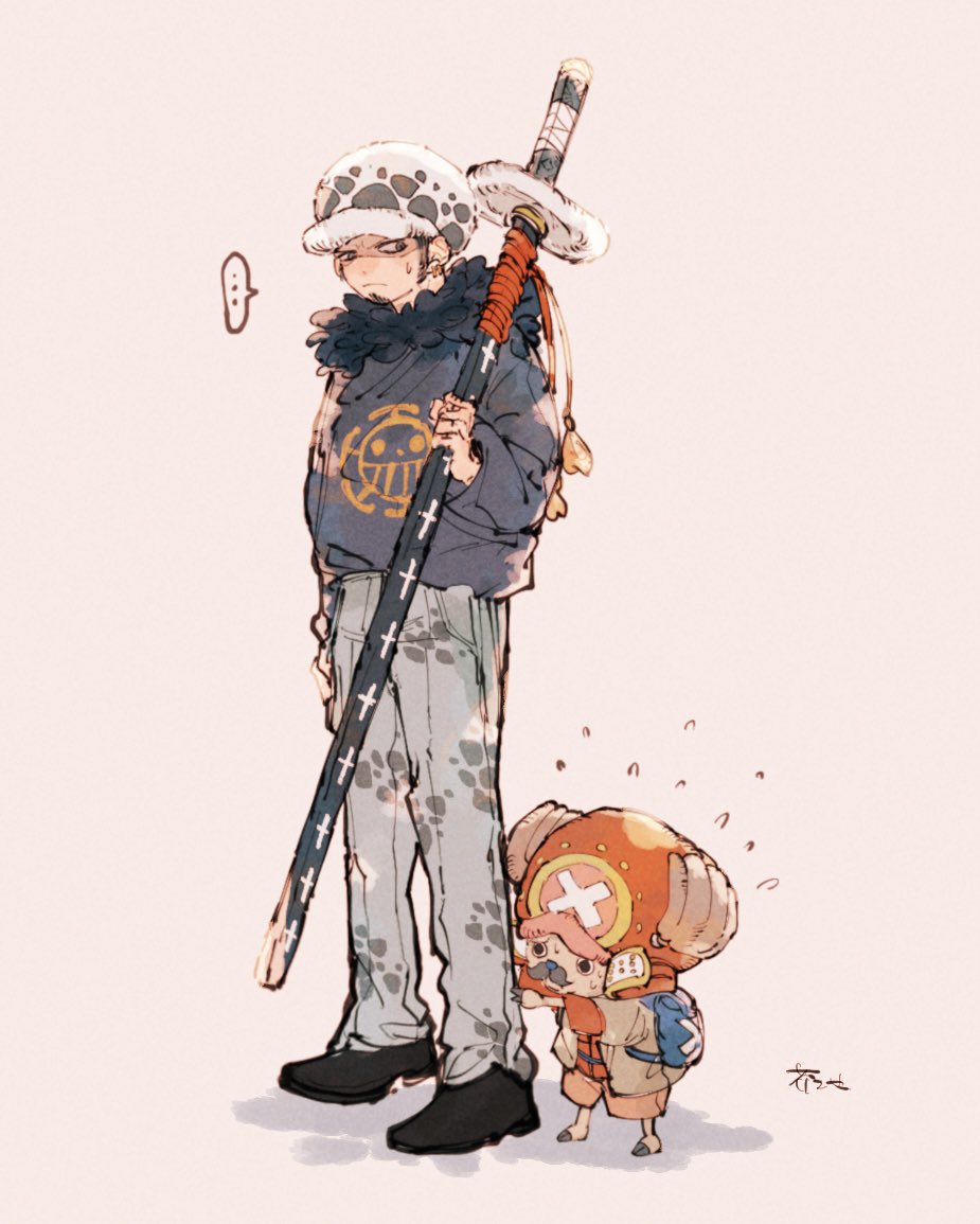 ..., 2boys, akuta_ji, antlers, bag, black_footwear, commentary_request, cross, denim, earrings, facial_hair, flying_sweatdrops, full_body, fur-trimmed_hoodie, fur_trim, goatee, hat, holding, holding_sword, holding_weapon, hood, hoodie, horns, jeans, jewelry, male_focus, multiple_boys, one_piece, pants, reindeer_antlers, shoulder_bag, sideburns, simple_background, sweatdrop, sword, tony_tony_chopper, trafalgar_law, weapon