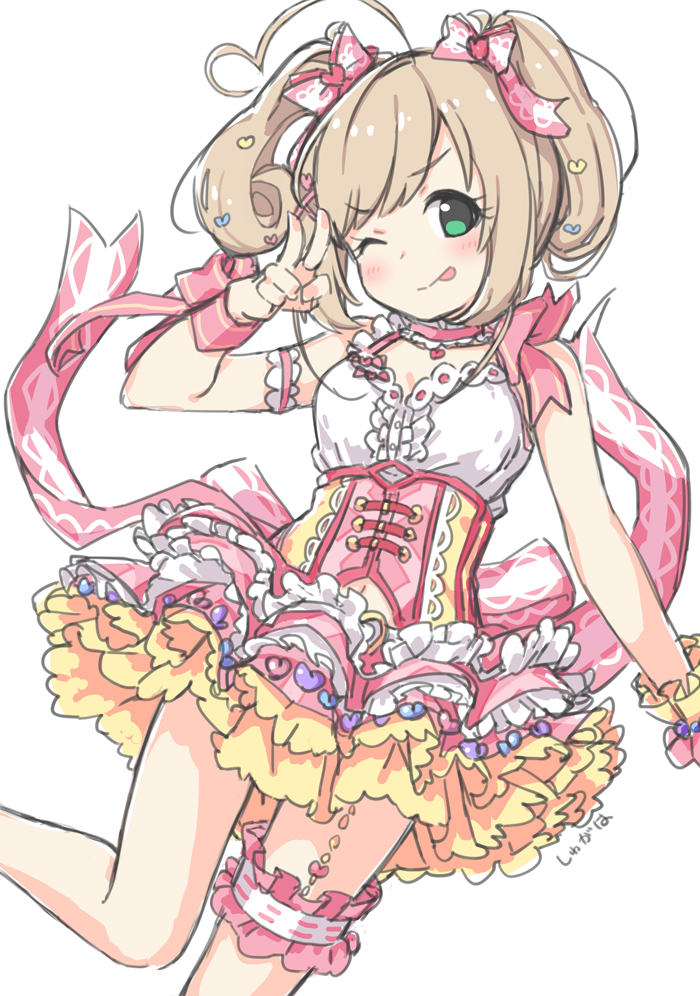 1girl, :q, bare_shoulders, blush, breasts, character_name, choker, corset