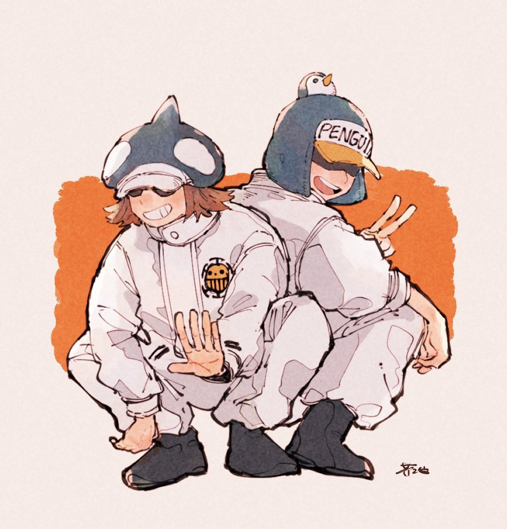 2boys, akuta_ji, black_footwear, covered_eyes, full_body, hat, jumpsuit, male_focus