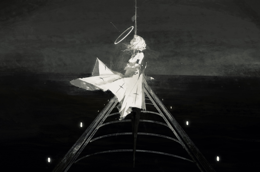 1girl, a_maretto, absurdres, armband, collared_dress, crossed_arms, dress, fog