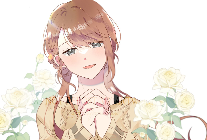 1girl, black_straps, brown_hair, bud, cable_knit, collarbone, colorful_festival_(project_sekai), eyelashes