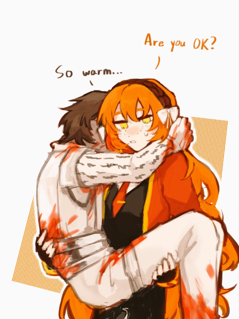 1boy, 1girl, blood, blood_on_clothes, blush, bow, brown_hair, carrying