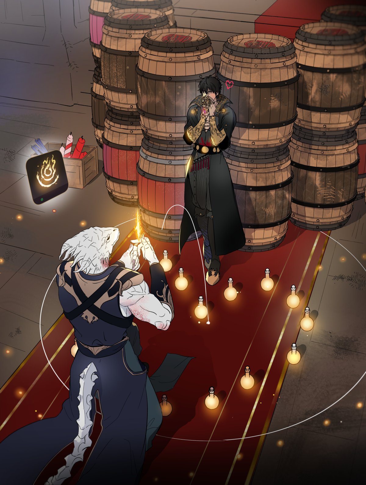2boys, baldur's_gate, baldur's_gate_3, barrel, belt, black_coat, black_footwear, black_hair