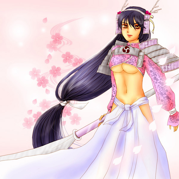 armor, black_hair, breasts, cherry_blossoms, flower, hairband, hakama, japanese_clothes