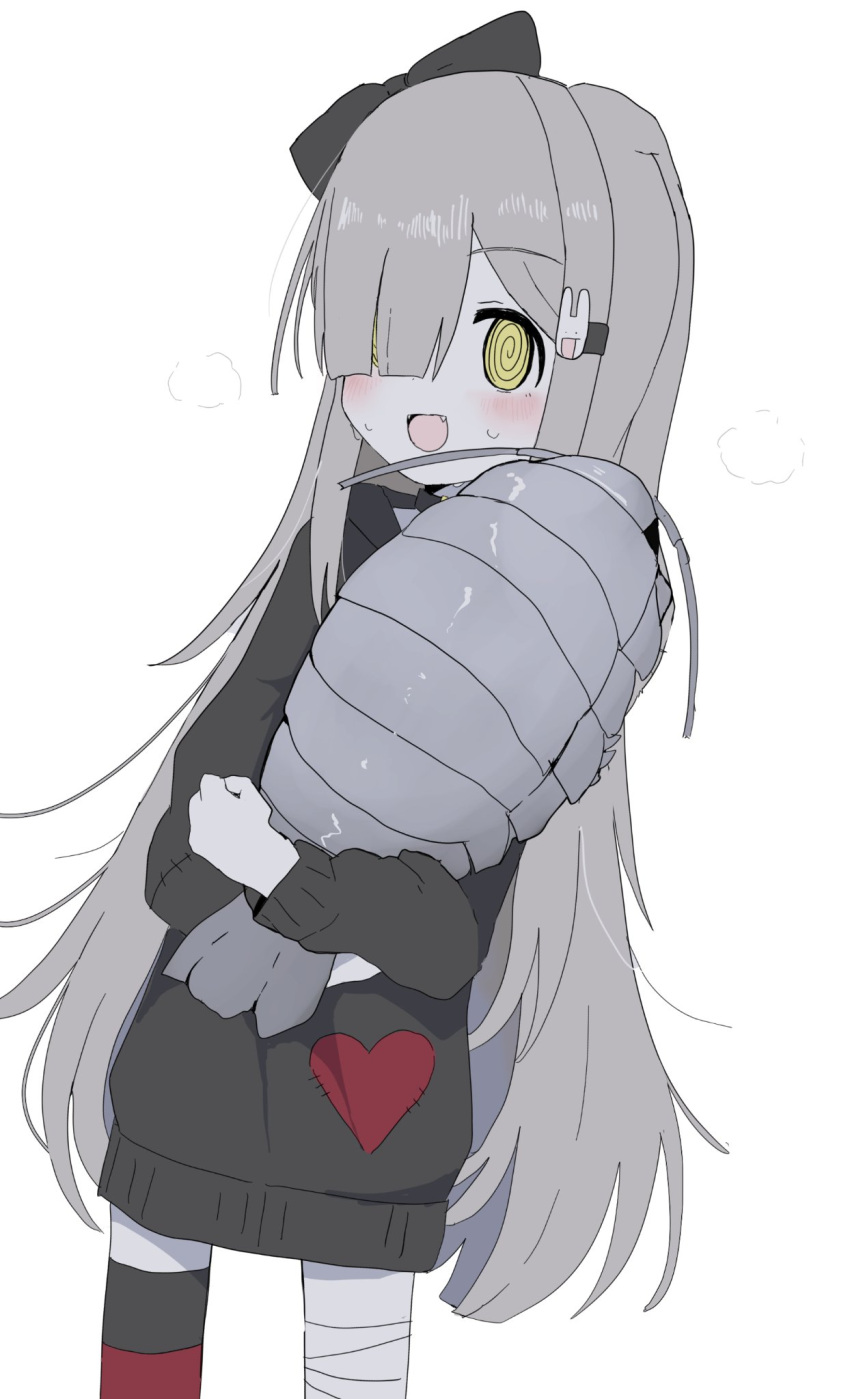 1girl, :d, @_@, bandaged_leg, bandages, blunt_bangs, blush, fangs, giant_isopod, grey_hair, hair_ornament, hair_over_one_eye, highres, isopod, long_hair, original, oyasu_miyo_(vreparty), rabbit_hair_ornament, simple_background, single_thighhigh, smile, sweater, thigh-highs, vreparty, white_background